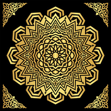 Intricate gold mandla design with ornate corners on a black background symbolizing sacred geometry and spiritual balance