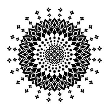 Intricate mandla design with radiating floral patterns in monochrome symmetry for creative projects