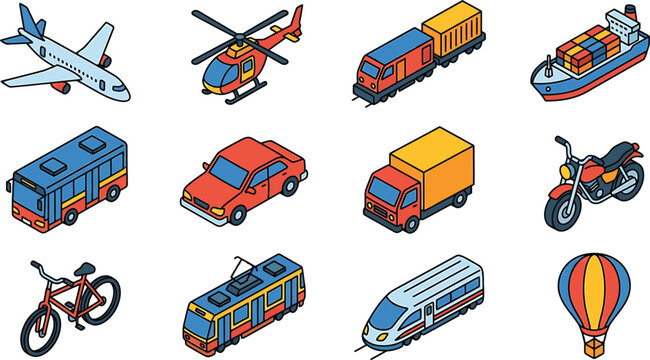 Isometric transportation icons set featuring various vehicles for logistics travel and public transit design projects vector illustration