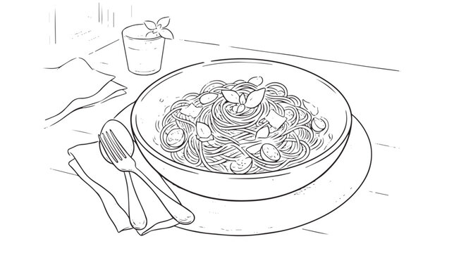 Minimalist line art pasta bowl with basil, hand drawn spaghetti noodle illustration, Italian dinner sketch with fork and spoon, vector food art