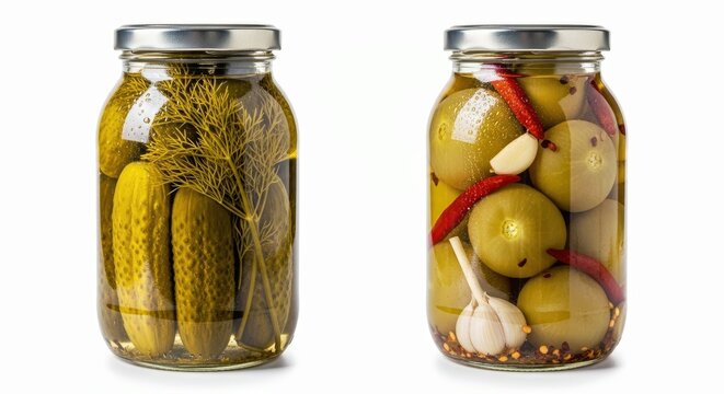 Pickled Cucumbers and Olives With Herbs and Spices in Glass Jars on White Background