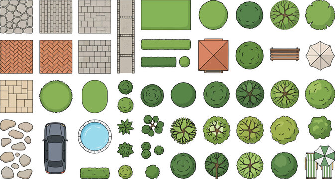 Top view landscape design elements set with trees bushes paving stones and car for architectural site plans