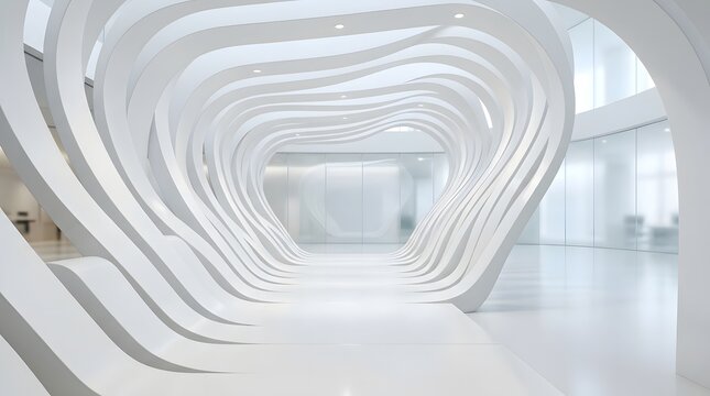 Modern architectural interior with white curved walls creating a futuristic tunnel effect in a bright minimalist office space