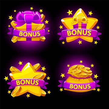 Casino Bonus Icons Set with Gift Star Coins and Money in purple