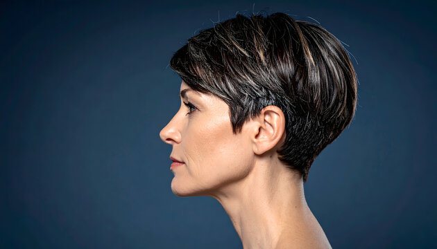 Woman pixie cut portrait photography posing in studio lighting creating self assured calm minimal aesthetic generative AI