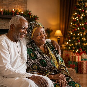 Tanzanian Grandparents Watching Grandchildren Christmas Gifts Sofa Kanzu Kanga Joy &mdash; African Christmas Family Love Authentic Festive Lifestyle Portrait