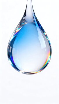 Large transparent crystal glass water drop with beautiful rainbow light refraction against plain clean white background shows purity and natural liquid concept