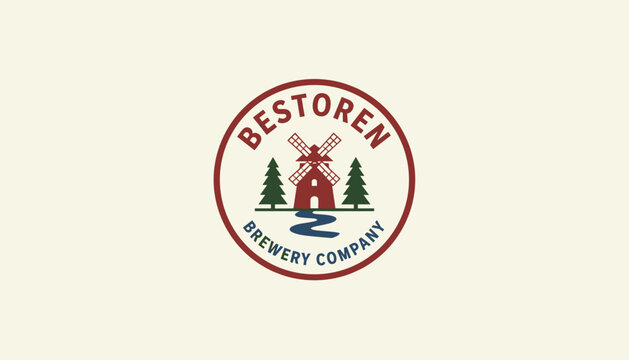 Classic circular logo for Bestoren Brewery Company displaying a traditional red windmill flanked by two pine trees.