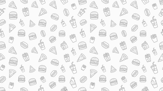 Minimalist fast food doodle pattern featuring burger pizza and fries outline drawings on a white background