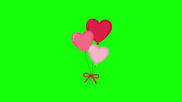 Cute red pink heart shaped balloon floating with small hearts and sparkles on a green screen background. suitable for chroma key editing, romantic videos, Valentine's Day projects, social media