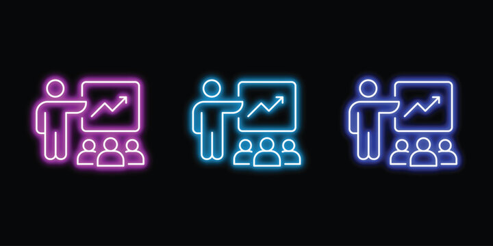 Neon glowing presenter giving a business presentation with growth chart icon set. Editable stroke icons
