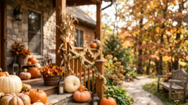 Autumn porch decoration pumpkins fall house exterior seasonal rustic home stone wall outdoor landscape background harvest thanksgiving cottage