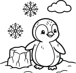 Fototapeta premium Cute baby penguin standing on iceberg coloring page for kids with coloring