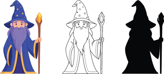 Fototapeta premium Cute cartoon wizard character set featuring a colored illustration, black line art outline, and solid silhouette holding a magic staff isolated