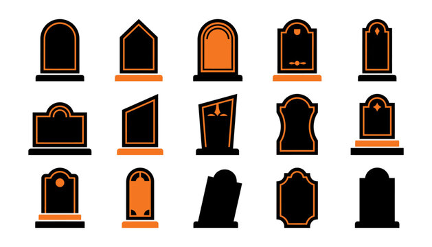 Set of fifteen tombstone and headstone vector icons with black and orange design for halloween graveyard scenes