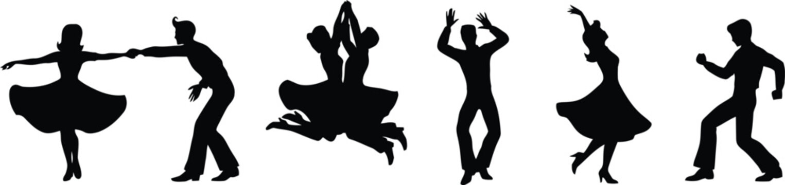 Retro rockabilly dancers silhouettes set featuring vintage swing, rock and roll, lindy hop, and twist dancing couples isolated