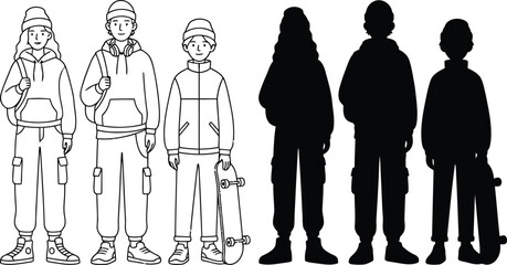 Teenager characters set featuring line art and solid black silhouettes of modern young people with backpacks and a skateboard isolated © ASAAKTER