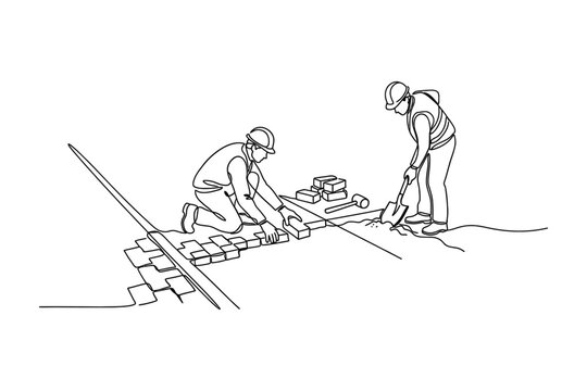 Continuous line drawing of two construction workers laying paving bricks on a site.