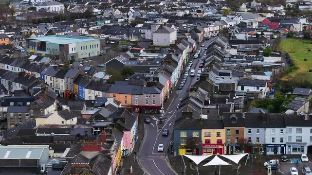 A highangle aerial view of the colorful streets and historic architecture of Listowel, a heritage town in County Kerry, Ireland. Perfect for travel and cultural documentaries.