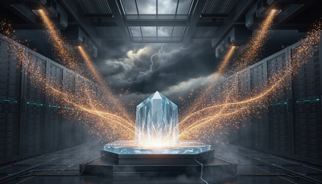 A glowing crystal artifact sits atop a glowing platform within a futuristic server room while golden light particles flow outward to represent high speed data processing and advanced computing