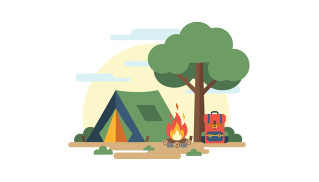 Peaceful forest camping site illustration featuring a green tent, burning campfire, and a red backpack under a large tree.