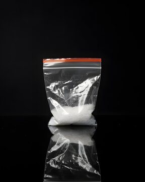 Small plastic bag with white powder and red zipper closure isolated on black background