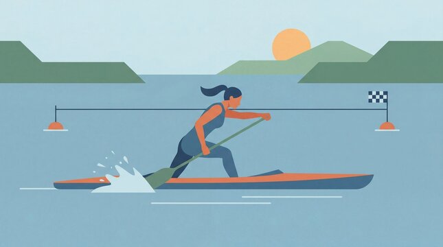 Woman paddling kayak in competitive sprint race on calm water at sunset