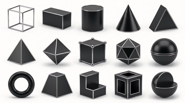 Assorted geometric shapes with metallic trim during studio lighting isolated on white background