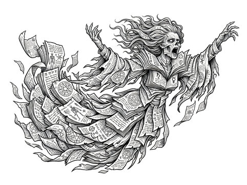 Scary witch ghost character made of floating magic books and pages in a dark fantasy sketch art style illustration