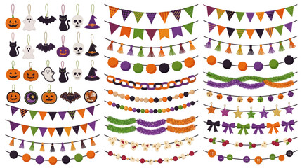 Halloween party bunting and garland vector set, festive hanging decorations with pumpkins and bats, spooky holiday bunting flags and ornaments © MSTMANWARA