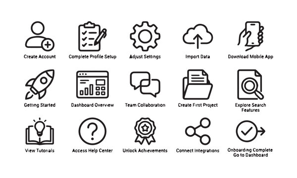 Onboarding and user guidance icons for app and website setup.