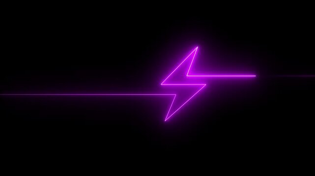 Neon purple lightning bolt symbol with horizontal lines on black background abstract bright