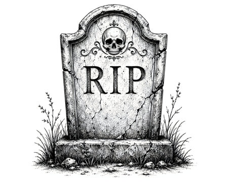 Vintage engraved illustration of a stone grave headstone with a skull and RIP text isolated on a white background illustration