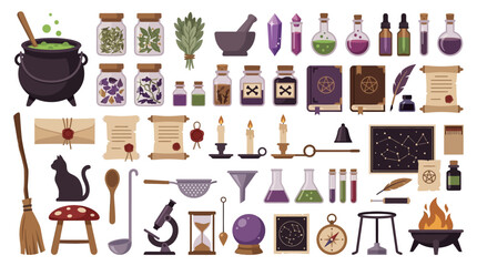 Witchcraft and alchemy vector set, magic potion bottles and occult symbols collection, mystical wizard laboratory equipment and spellcraft icons © MSTMANWARA
