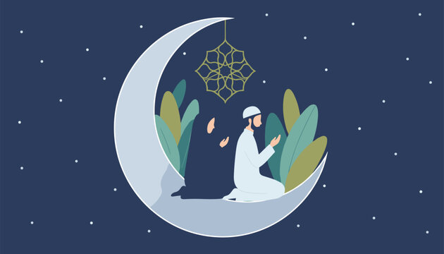 Muslim couple praying inside a large crescent moon under a starry night sky, representing Ramadan or Eid holiday.