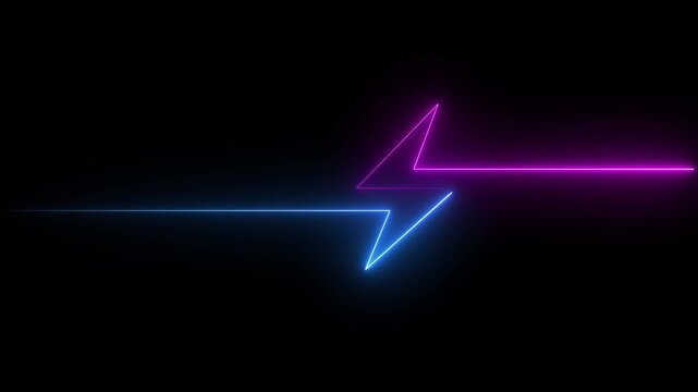 Neon blue and pink lightning bolt symbol with horizontal lines on black background abstract bright