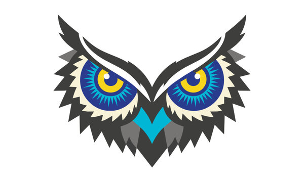 Stylized owl eyes with sharp angular geometric feather patterns in a symmetrical flat design isolated on a white background, minimal graphic design concept