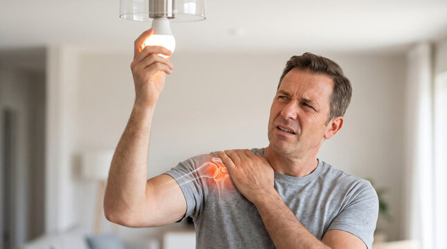 Man Experiencing Shoulder Pain While Changing Light Bulb with Shoulder Joint Anatomy Overlay
