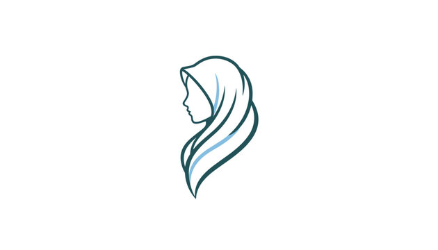 Minimalist profile portrait of a beautiful woman wearing an elegant teal hijab headscarf on a white background.