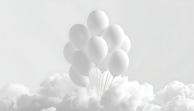 White matte balloons floating above fluffy clouds, minimalist celebration and birthday background