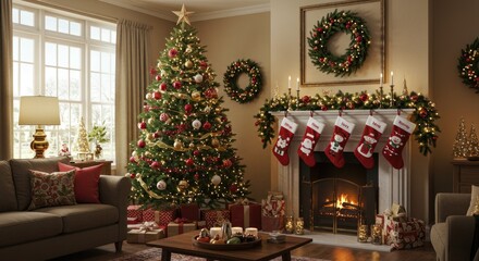 Obraz premium Elegant Christmas dining room with festive table and wreath decorations.