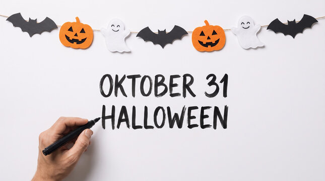 A hand writing "Oktober 31 Halloween" with a black marker on a white background. Above the text hangs a festive garland with felt cutouts of bats, jack-o'-lantern pumpkins