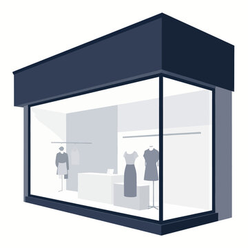 Minimalist vector illustration of a modern clothing retail store boutique storefront with mannequins displaying dresses in a clean showroom window display with soft lighting