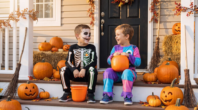 Two Boys in Halloween Costumes Sitting on Decorated Porch with Pumpkins for Trick or Treat