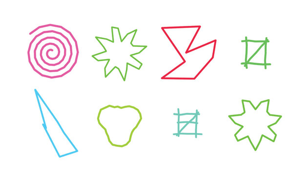 Collection of various colorful hand drawn geometric and abstract shapes