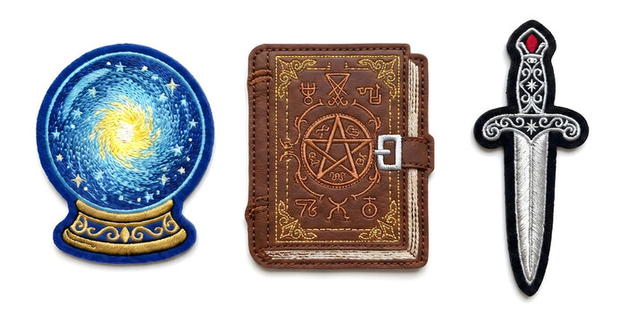 Set of magic crystal ball, ancient spell book with pentagram, and silver dagger isolated on white background illustration