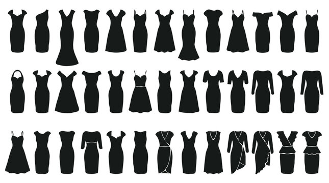 Women dress models silhouette icons set fashion evening gowns and cocktail dresses