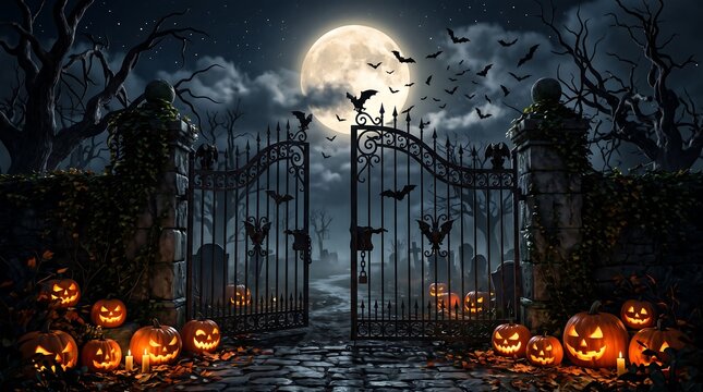 Spooky graveyard entrance wrought iron gate decorated with glowing jack o lanterns under full moon