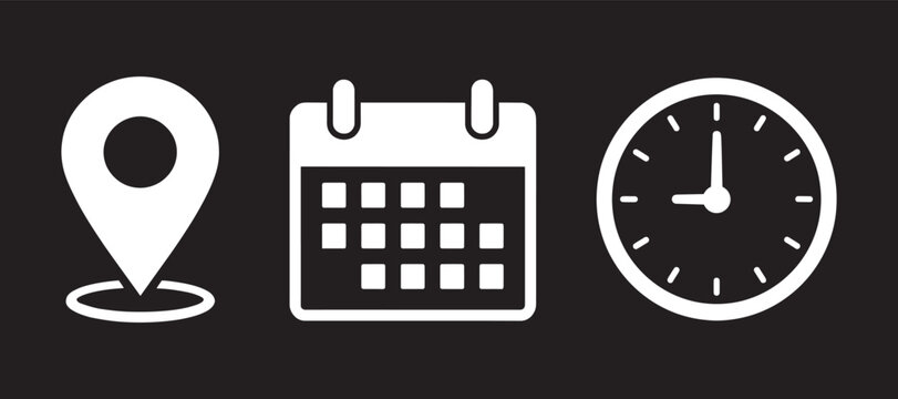 Location calendar clock icons flat pictogram set against a black surface