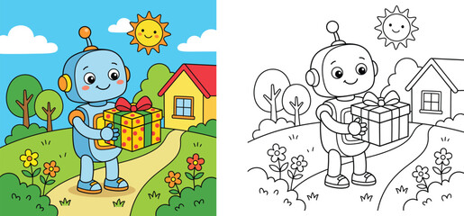 Cute robot holding a gift box coloring book page with colorful illustration sample, cartoon vector line art for kids activity